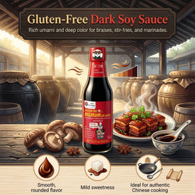 Sauce Grandmaster glossy glaze over stir-fry using mushroom dark soy