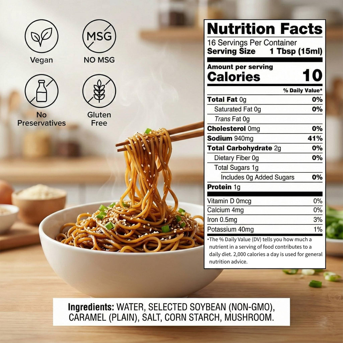 Sauce Grandmaster no MSG wheat-free claim on bottle