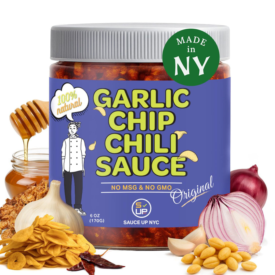SAUCE UP NYC garlic chip chili sauce bottle showcases bold, ultra-crunchy texture for topping versatility.