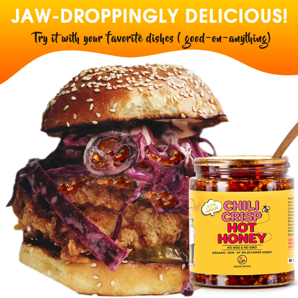 SAUCE UP NYC Chili-Crisp bottle on a cheese board for gourmet pairing.