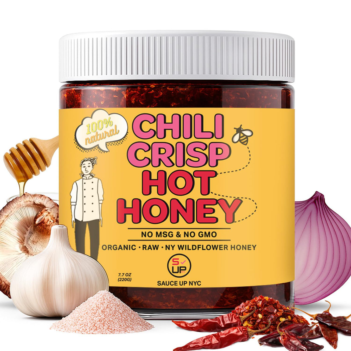 SAUCE UP NYC Chili-Crisp Hot Honey jar close-up with crunchy garlic and chili flakes.