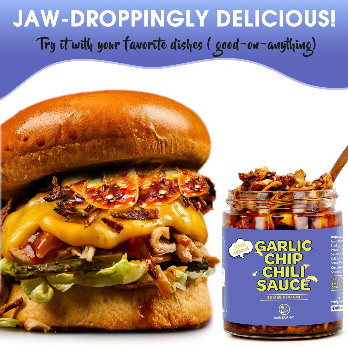 SAUCE UP NYC drizzle-ready topping on tacos and dumplings for elevated texture.