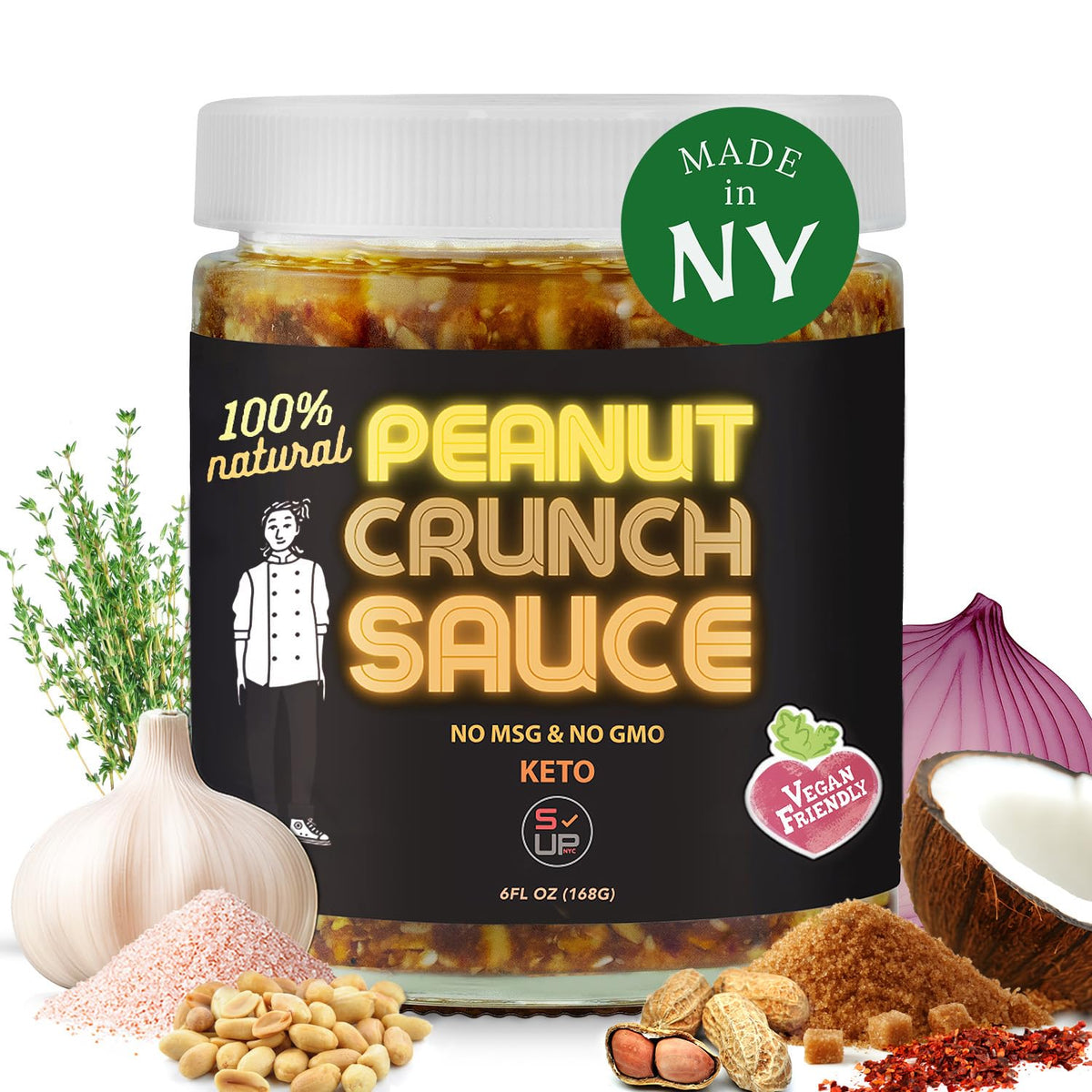 SAUCE UP NYC Peanut Crunch Sauce jar front showing bold texture for noodles