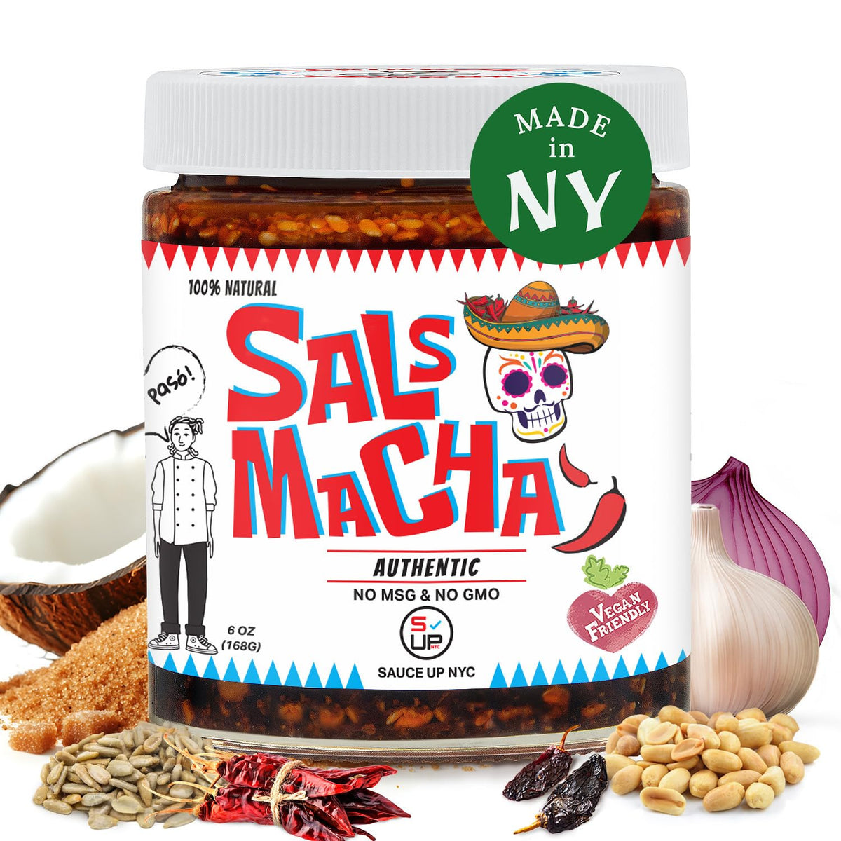 SAUCE UP NYC Smoky Salsa Macha jar; adds smoky depth to finishing dishes.