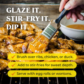 Saucy Susan Peach Apricot sauce ingredients close-up highlighting natural fruit and spices.
