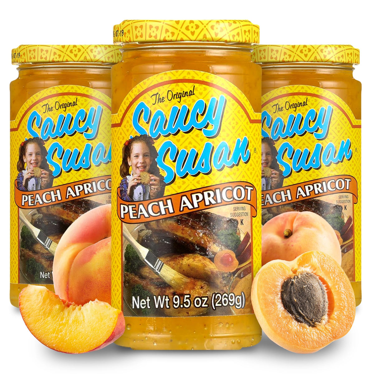 Saucy Susan Peach Apricot Original Sauce 3-pack jars on shelf for versatile glazing.