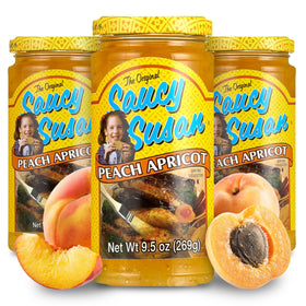 Saucy Susan Peach Apricot Original Sauce 3-pack jars on shelf for versatile glazing.