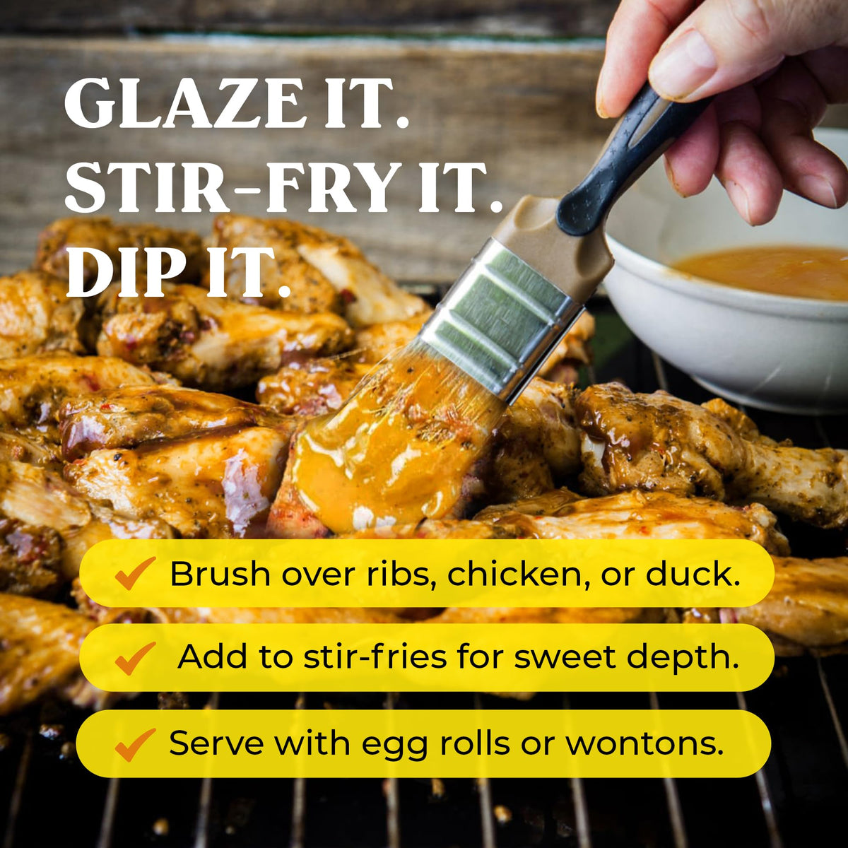 Saucy Susan Peach Apricot Original sauce bottle pouring over grilled meats