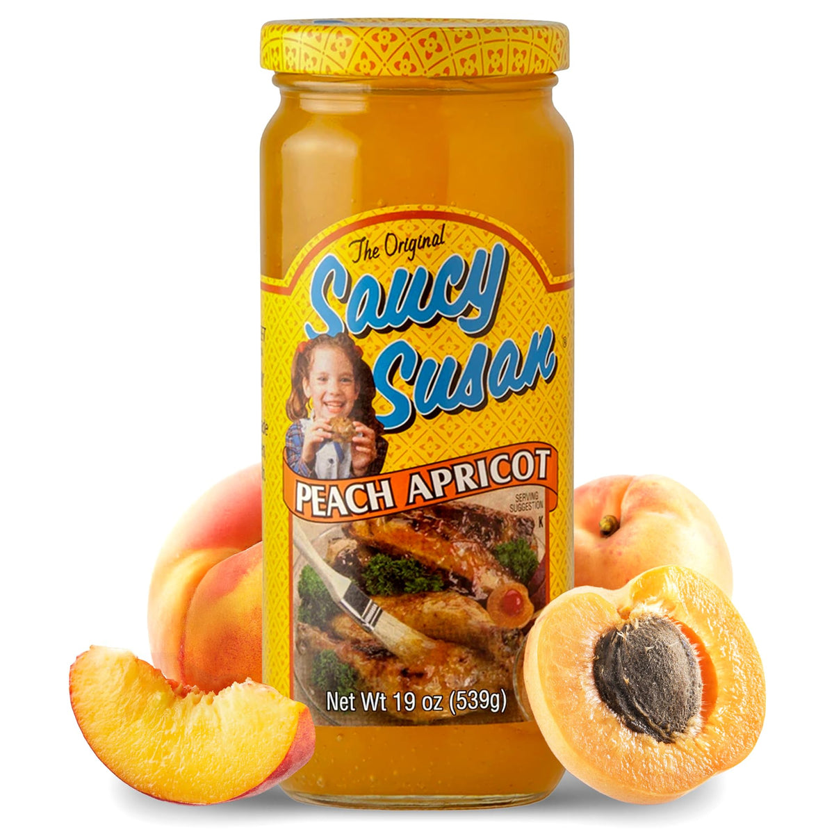 Saucy Susan Peach Apricot Original sauce jar on shelf showing versatile flavor