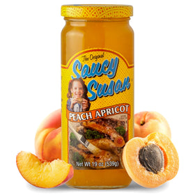 Saucy Susan Peach Apricot Original sauce jar on shelf showing versatile flavor