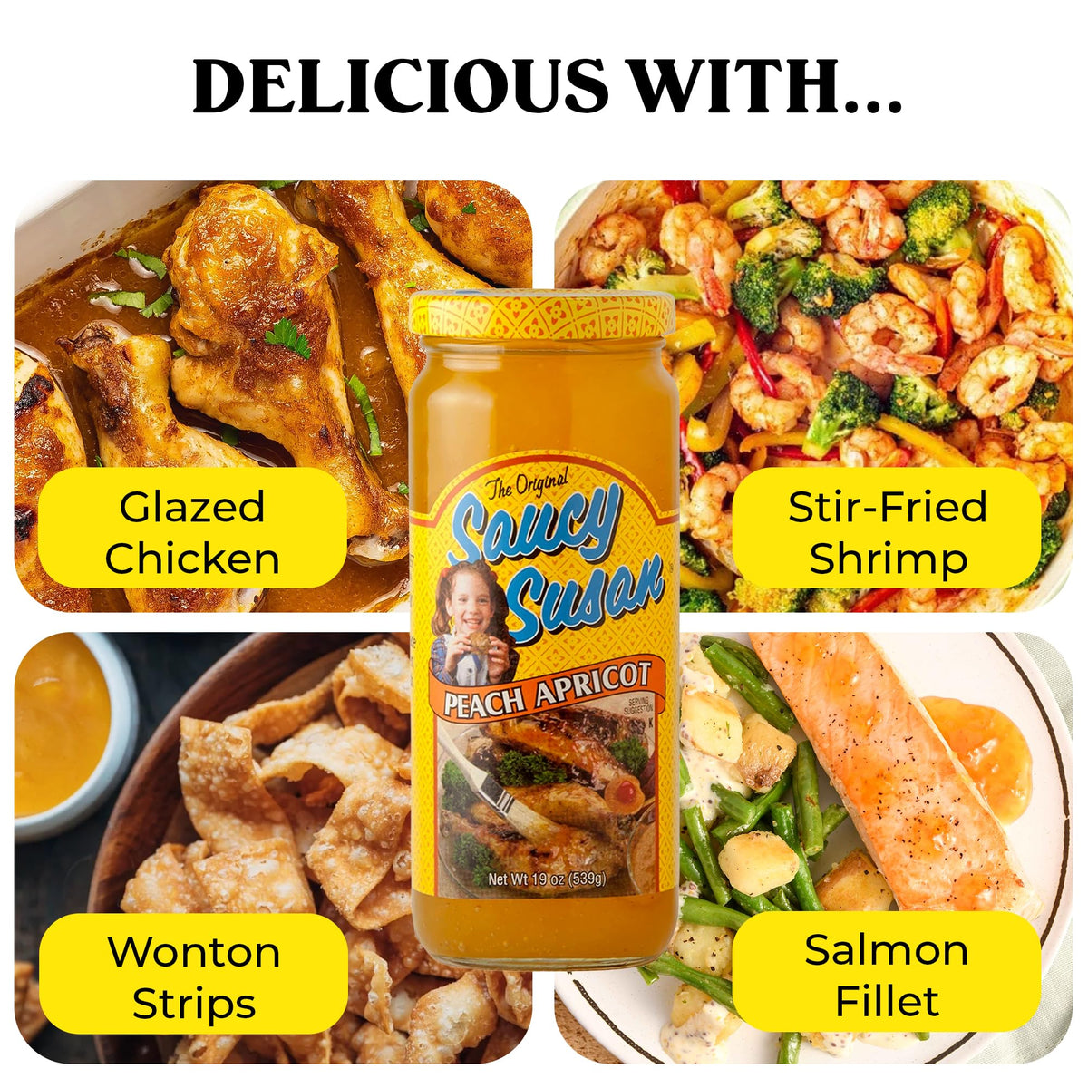 Saucy Susan Peach Apricot Original sauce beside vegetables for quick meals