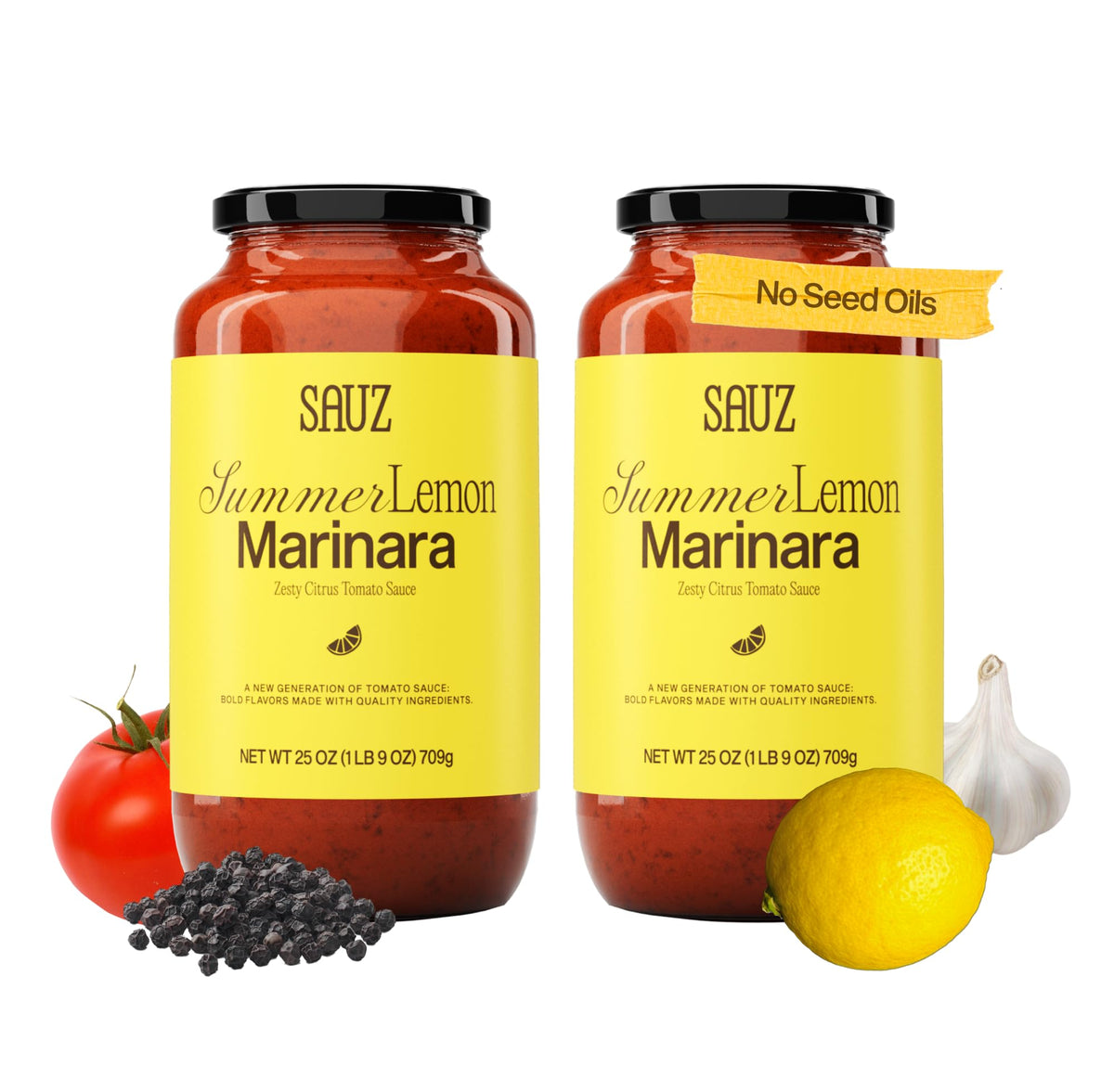 Sauz Summer Lemon Marinara Sauce bottle pouring with bright citrus, ideal for quick pasta meals.
