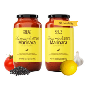 Sauz Summer Lemon Marinara Sauce bottle pouring with bright citrus, ideal for quick pasta meals.