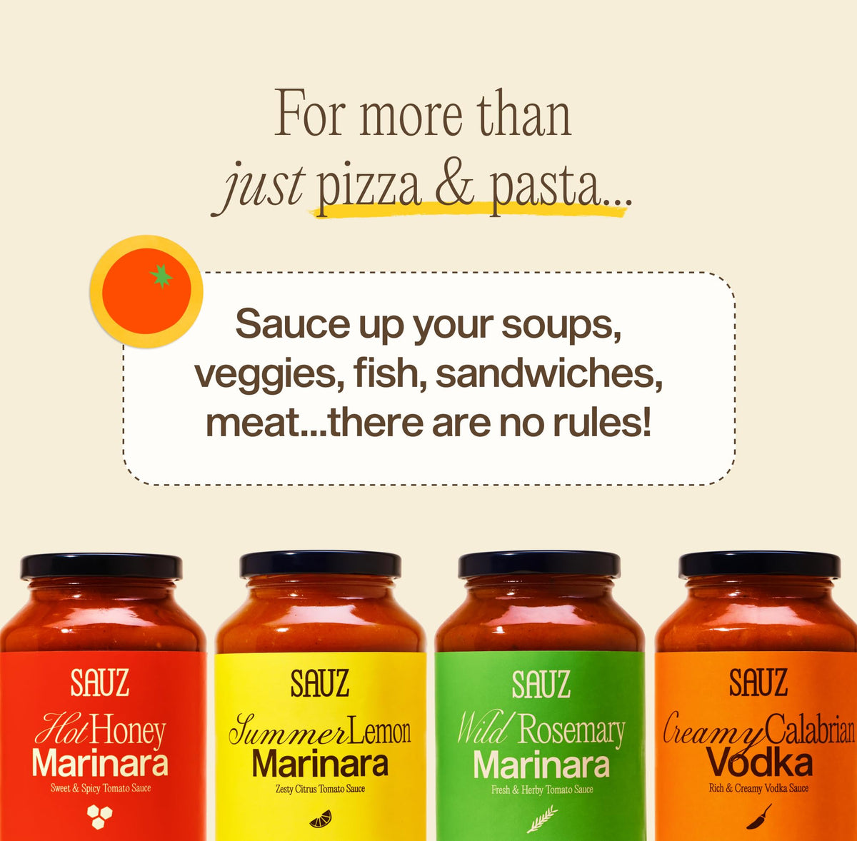 Sauz Summer Lemon Marinara Sauce glass bottle standing on kitchen counter.