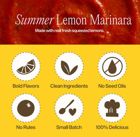 Sauz Summer Lemon Marinara Sauce label detail shows gluten-free and seed-oil free formulation.
