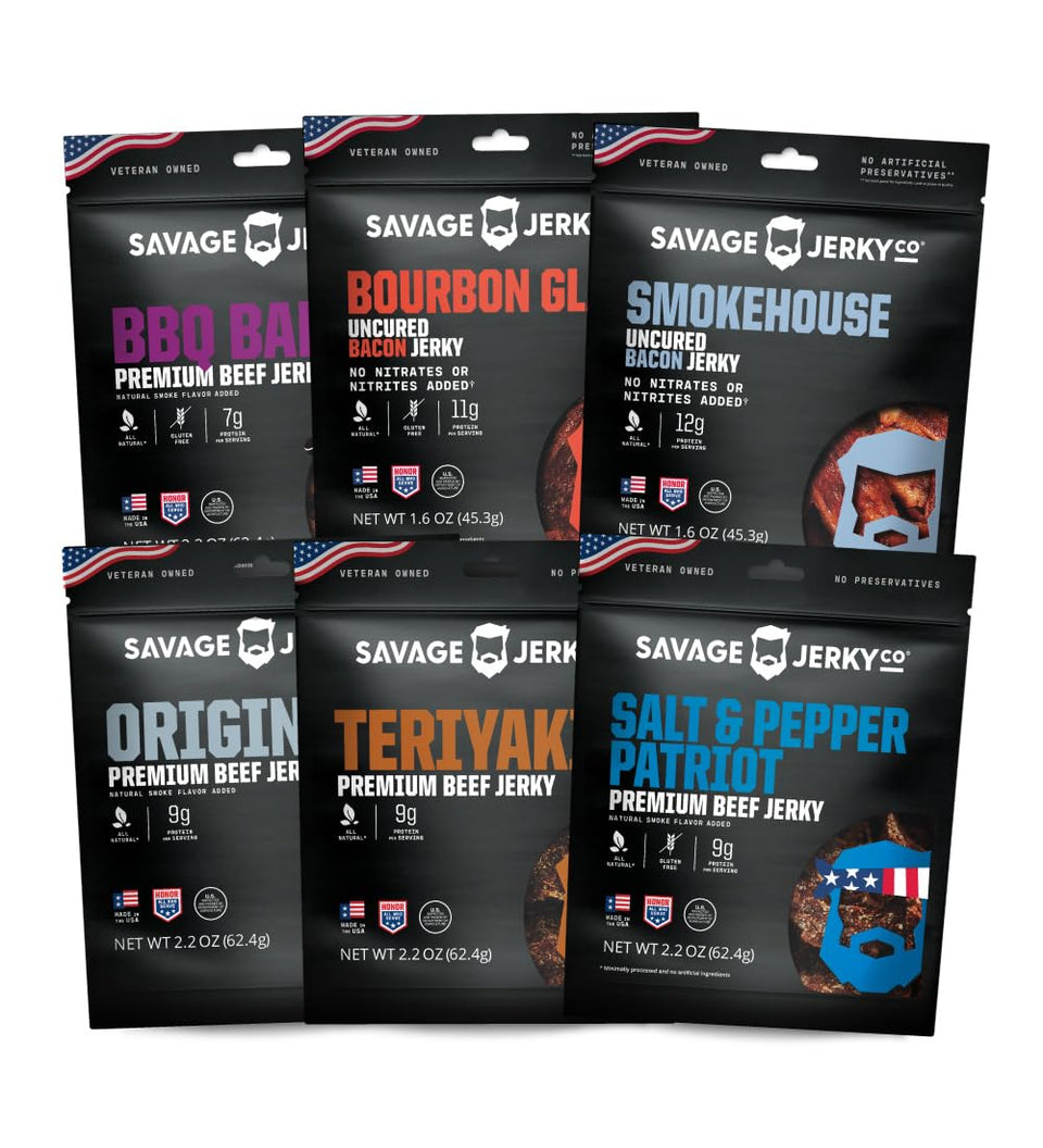 Savage Jerky Co Salt and Pepper Patriot bacon jerky bag for on-the-go flavor