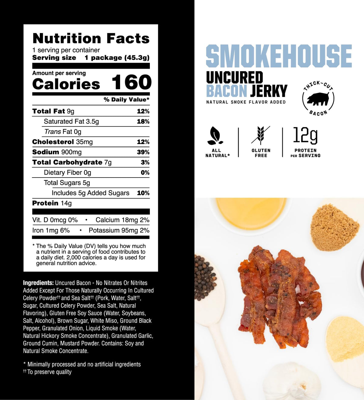 Savage Jerky Co. Bacon Jerky Nutrition Panel image communicates gluten-free and uncured status.
