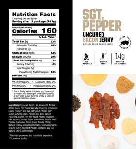 Savage Jerky Co. Bacon Jerky Sgt Pepper highlights bold flavor and convenient snack.