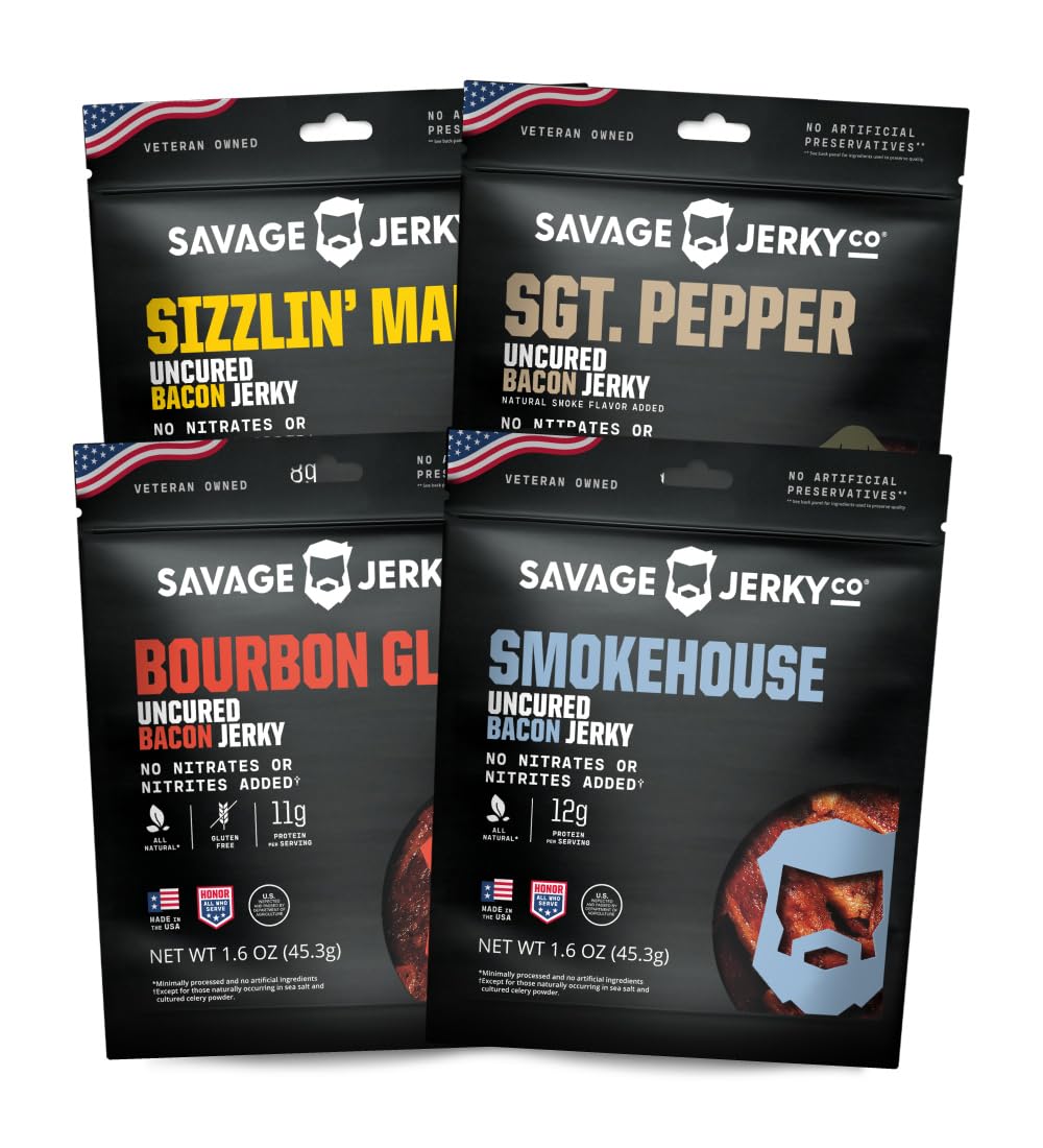 Savage Jerky Co. Bacon Jerky Sizzlin Maple pack image highlights high-protein, gluten-free snack.