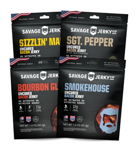 Savage Jerky Co. Bacon Jerky Sizzlin Maple pack image highlights high-protein, gluten-free snack.