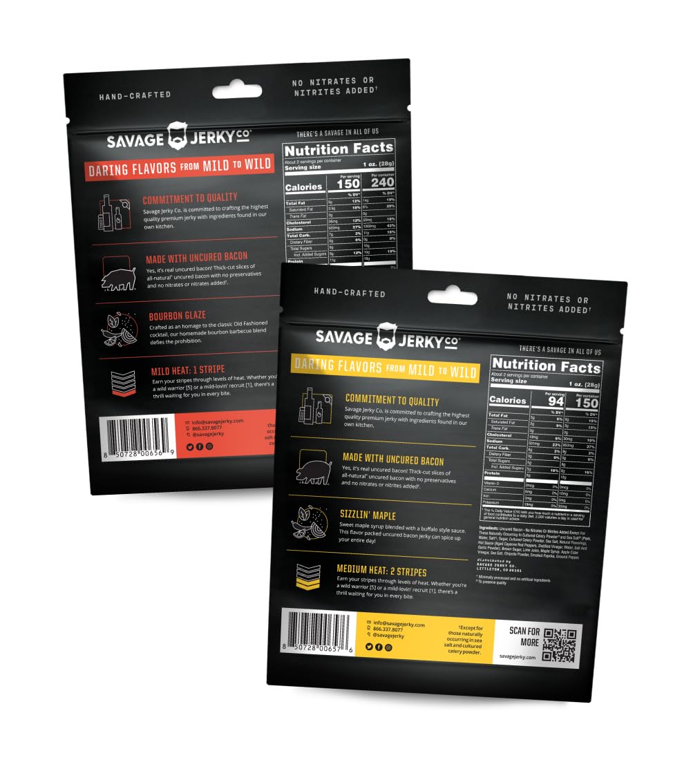 Savage Jerky Co. uncured bacon jerky bourbon glaze slice with a glossy, smoky finish.