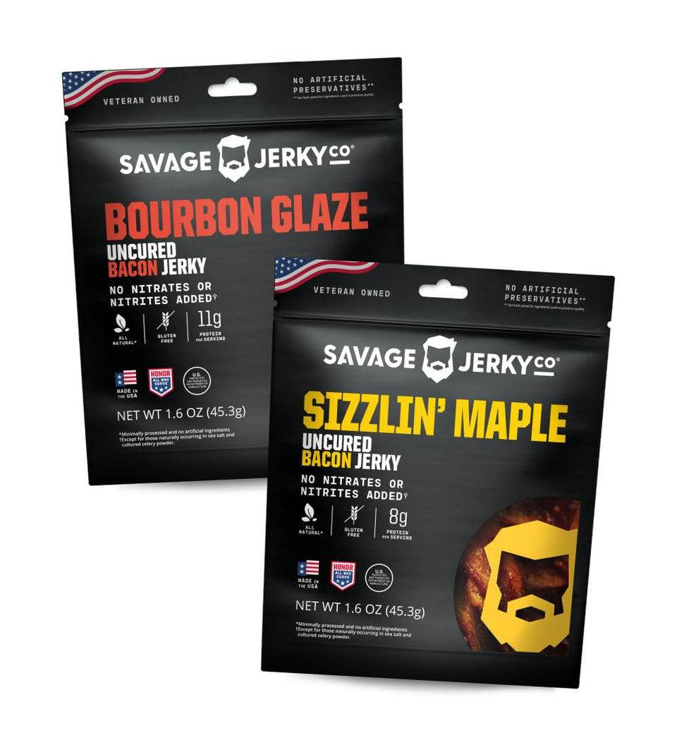 Savage Jerky Co. uncured bacon jerky maple cayenne slice ready for outdoor snacking.