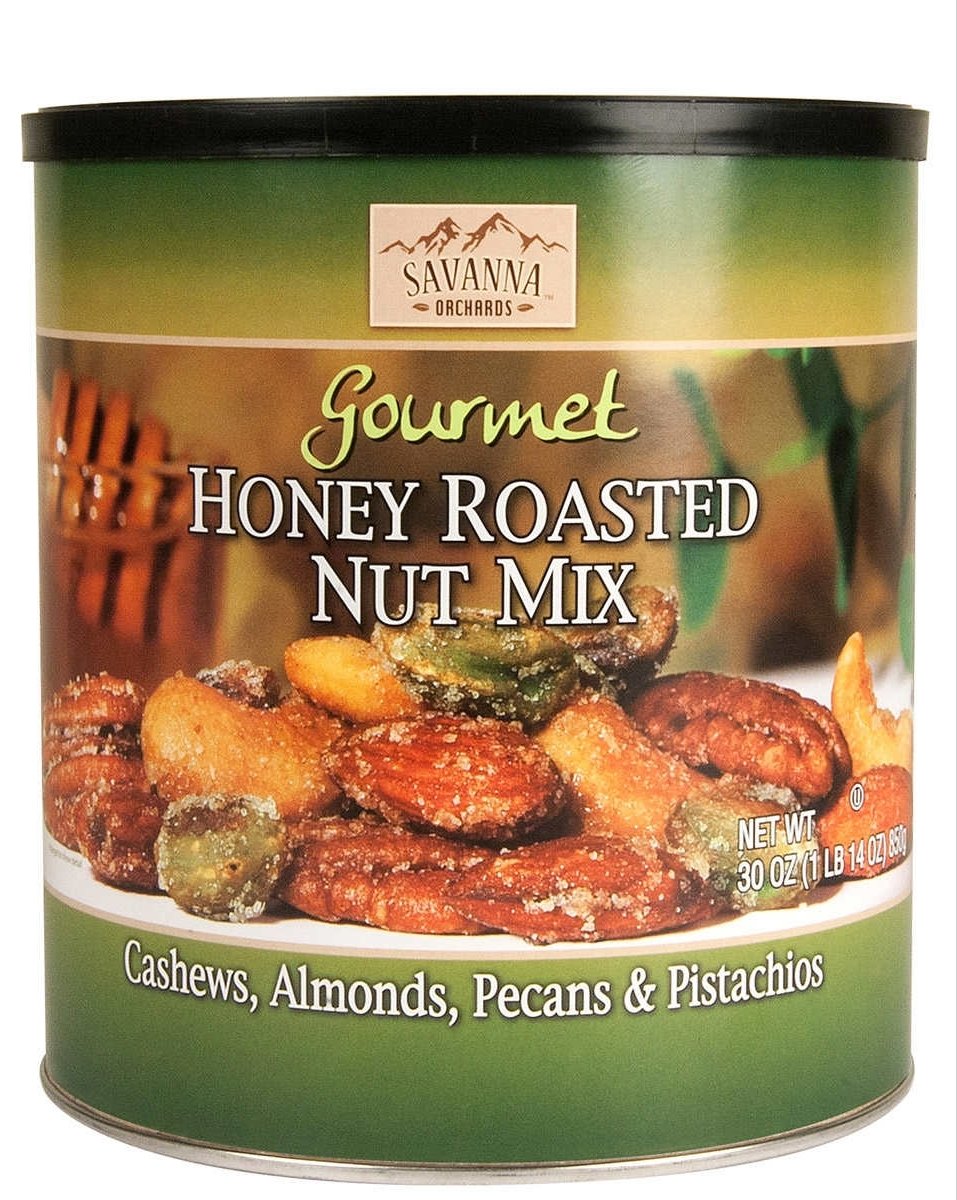 Savanna Orchards Honey Roasted Nut Mix in a 30 oz container, ideal for snacking.