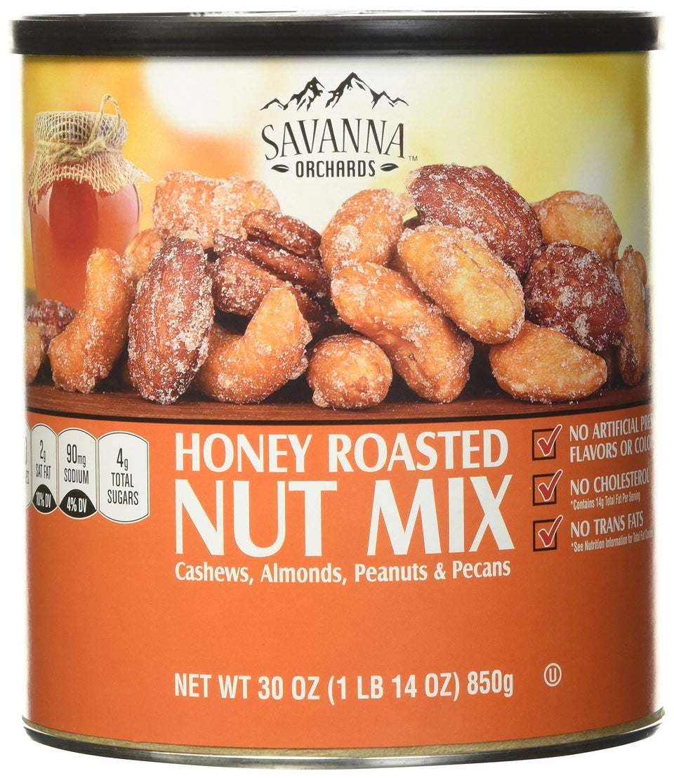 Savanna Orchards Honey Roasted Nut Mix jar close-up, glossy glaze, premium nuts for on-the-go snacking.