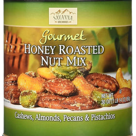Savanna Orchards Honey Roasted Nut Mix cashews close-up, rich flavor ready for snacking.