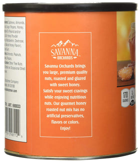 Savanna Orchards Honey Roasted Nut Mix close-up, glossy glaze and crunchy texture for quick snacking.