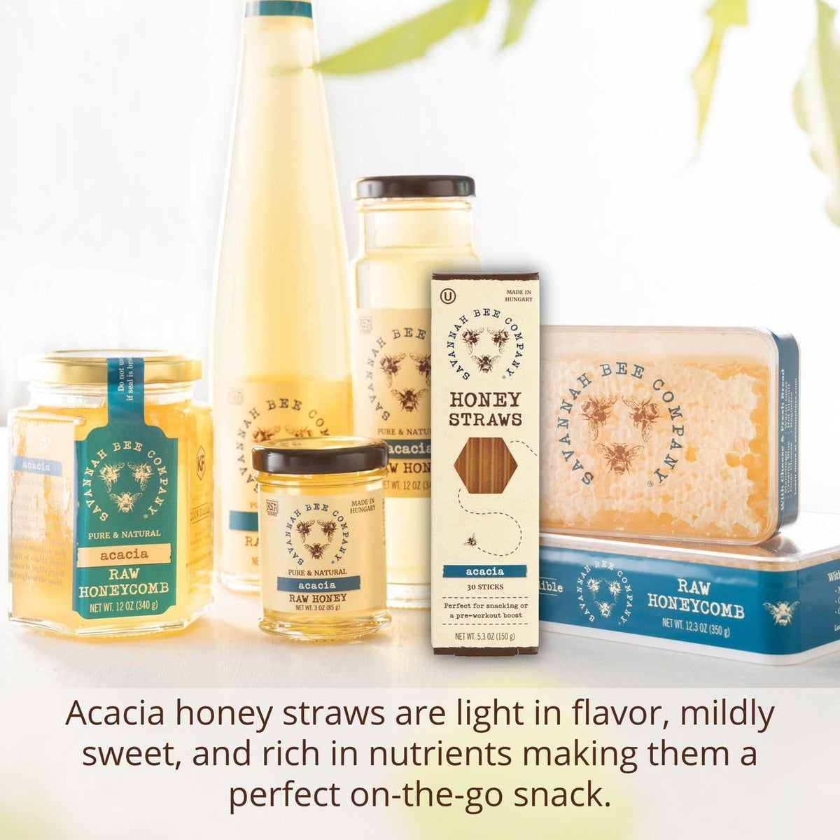 Savannah Bee Company Honey Straws shown with 100% pure acacia honey.