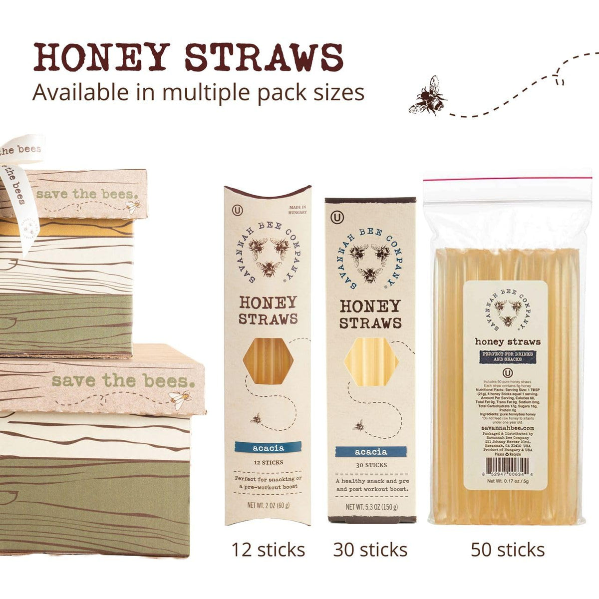 Savannah Bee Company Honey Straws gluten-free facility note, freshness preserved.