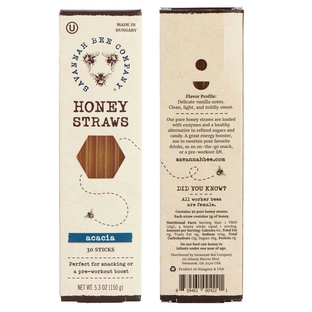 Savannah Bee Company Honey Straws resealable pouch for freshness.
