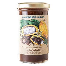 Savannah Bee Company whipped honey chocolate jar, creamy topping ideal for pastries.