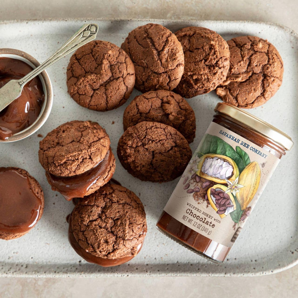 Savannah Bee Company whipped honey chocolate packaging, premium jar for gifting.
