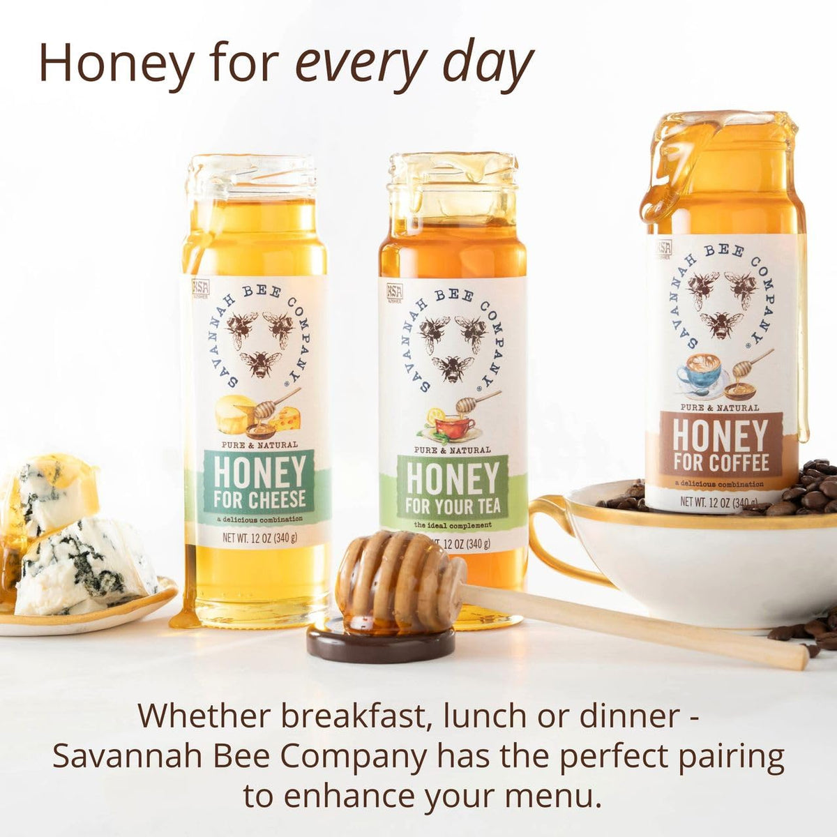 Savannah Bee Company honey in a glass jar with amber glow.