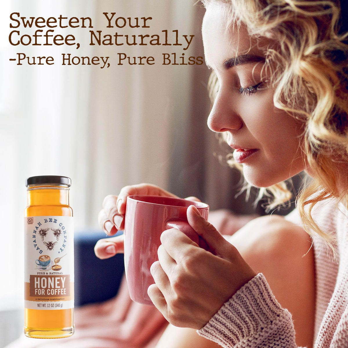 Savannah Bee honey drizzle added to hot coffee for smooth texture.