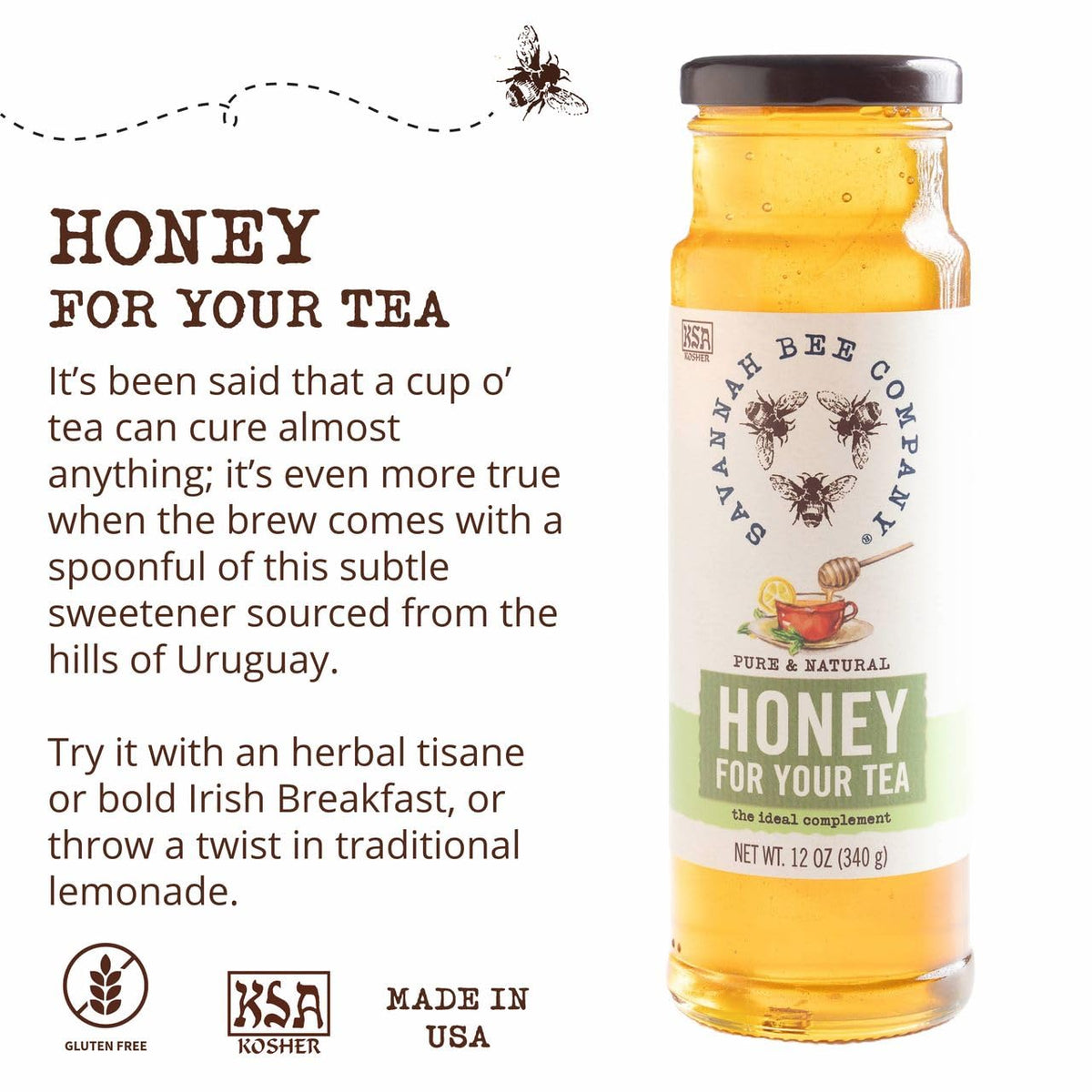 Savannah Bee honey drizzle on a spoon, highlighting floral notes.