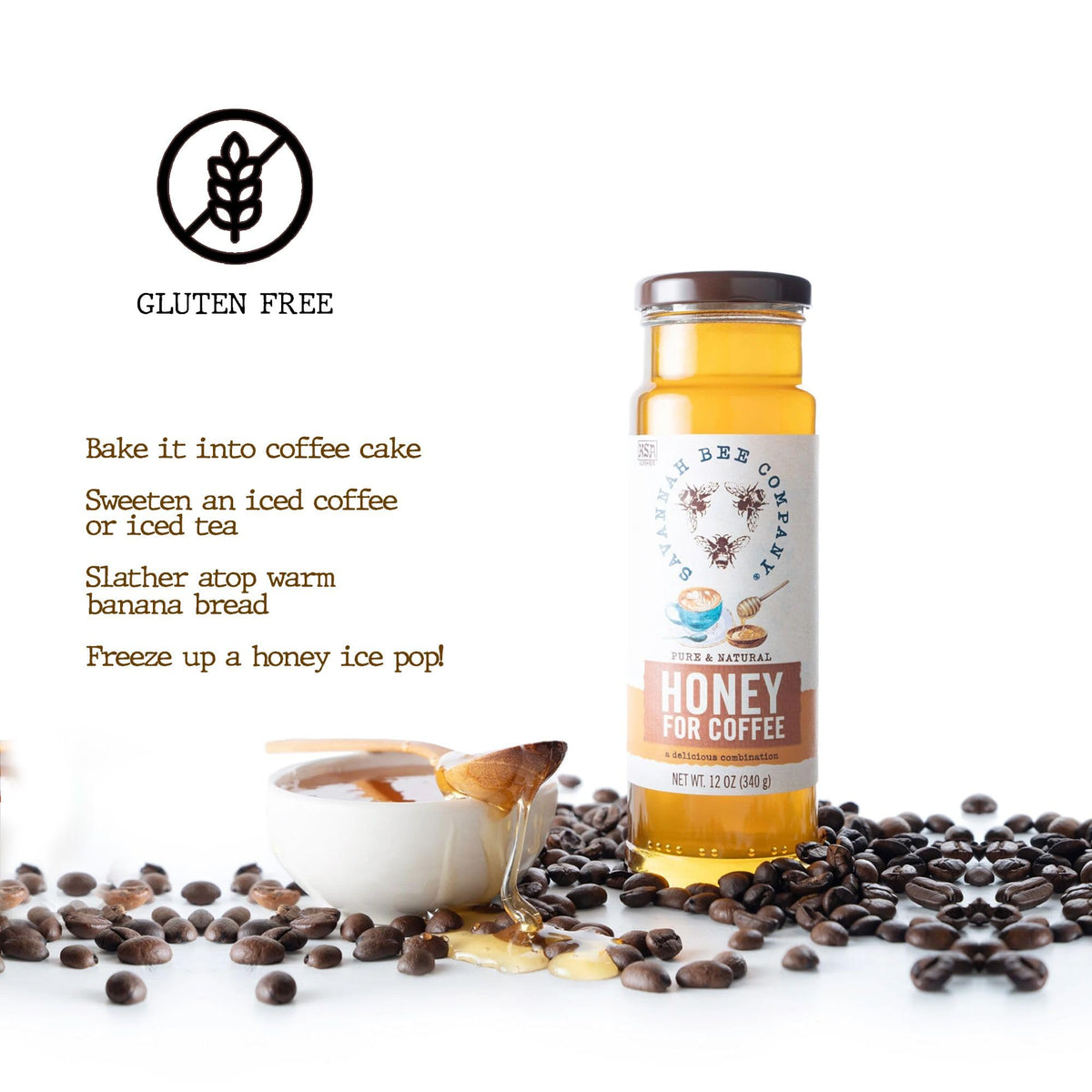 Savannah Bee honey pouring over iced coffee for balanced sweetness.