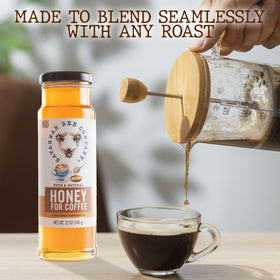 Savannah Bee honey beside latte art in a cup.