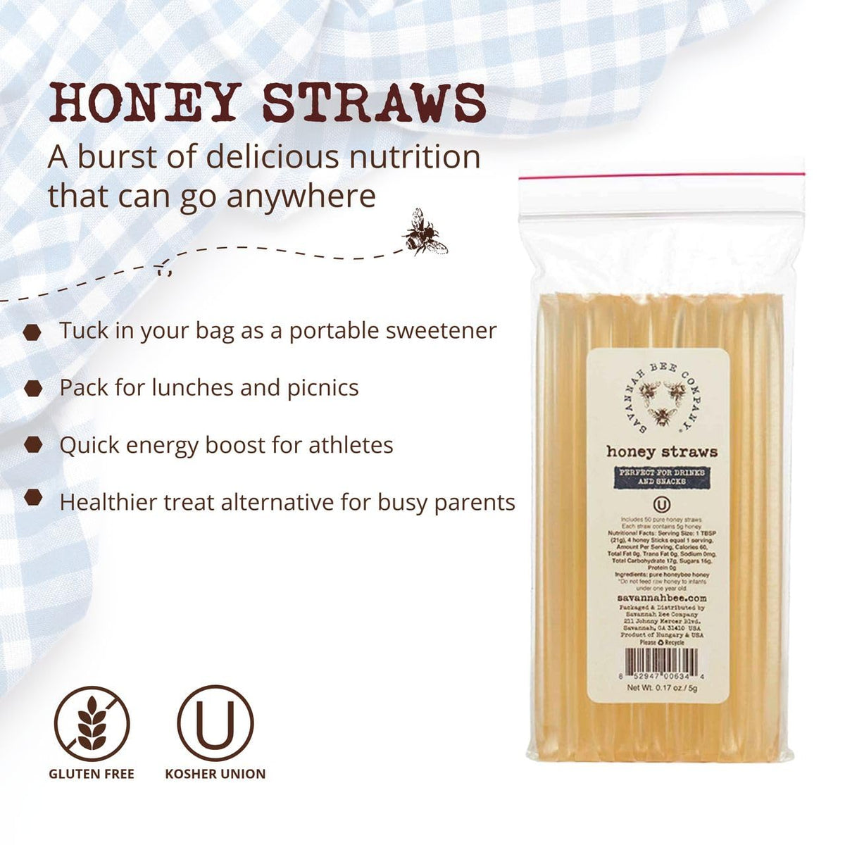 Pack of 50 Savannah Bee honey straws for on-the-go sweetness.