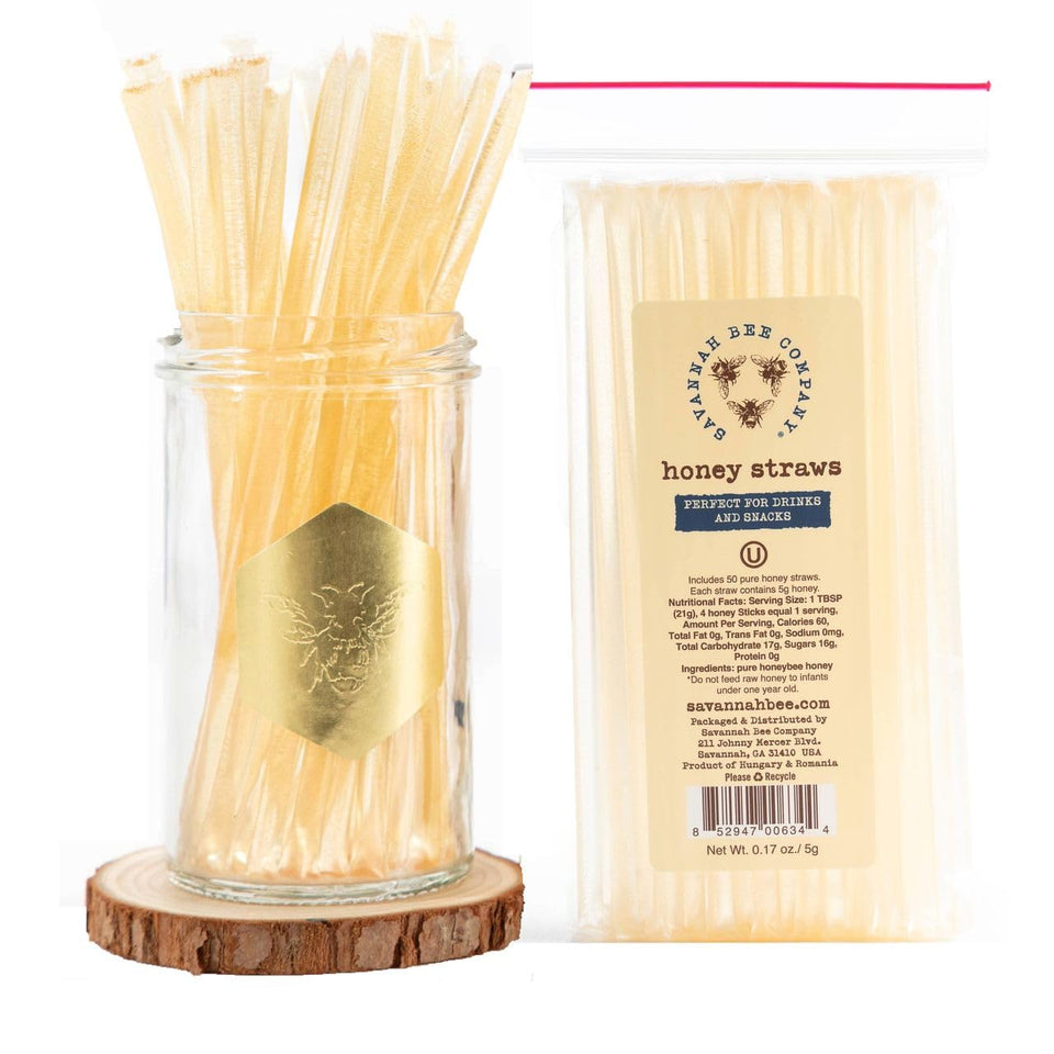 Savannah Bee honey straw ready to sweeten tea with acacia honey.