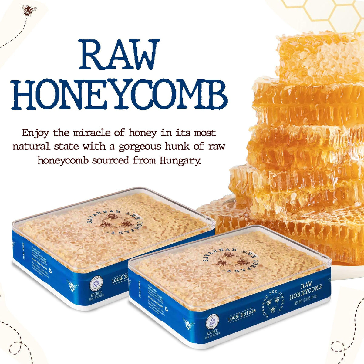 Savannah Bee Hungary origin honeycomb close-up emphasizes authentic flavor.