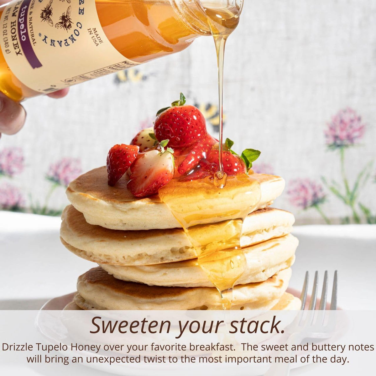 Savannah Bee Tupelo Honey spoon-dip highlights smooth texture ideal for toast or tea.