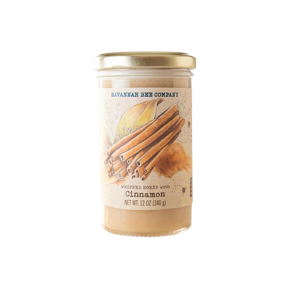 Savannah Bee whipped honey cinnamon jar top view—creamy spread great for toast