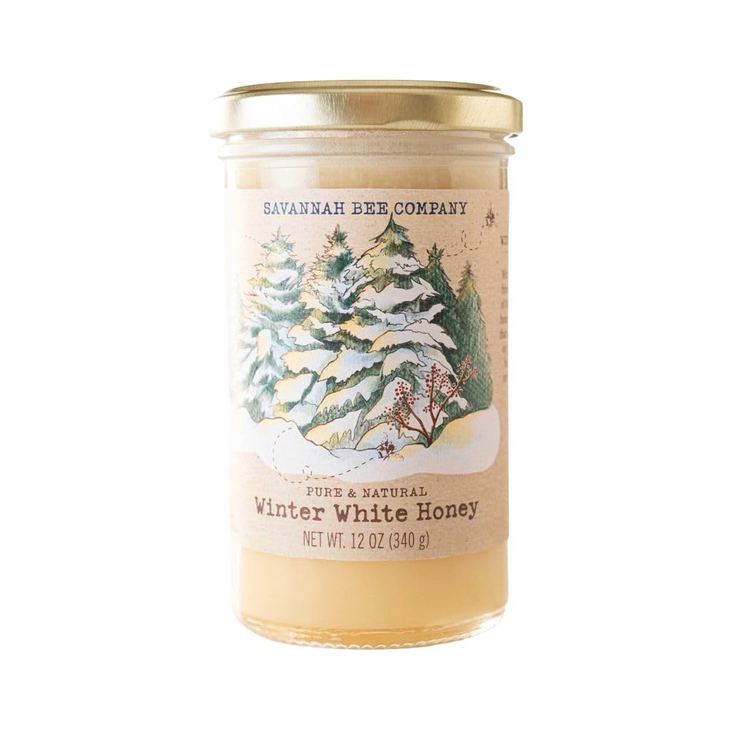 Savannah Bee Winter White Honey 12oz tower jar, pure honey ideal for toast and tea.