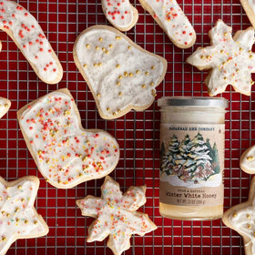 Savannah Bee Winter White Honey drizzle on toast demonstrates versatile breakfast use.