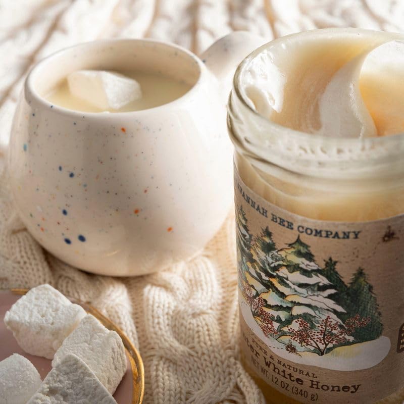 Savannah Bee Winter White Honey jar on shelf looks gift-worthy and premium.