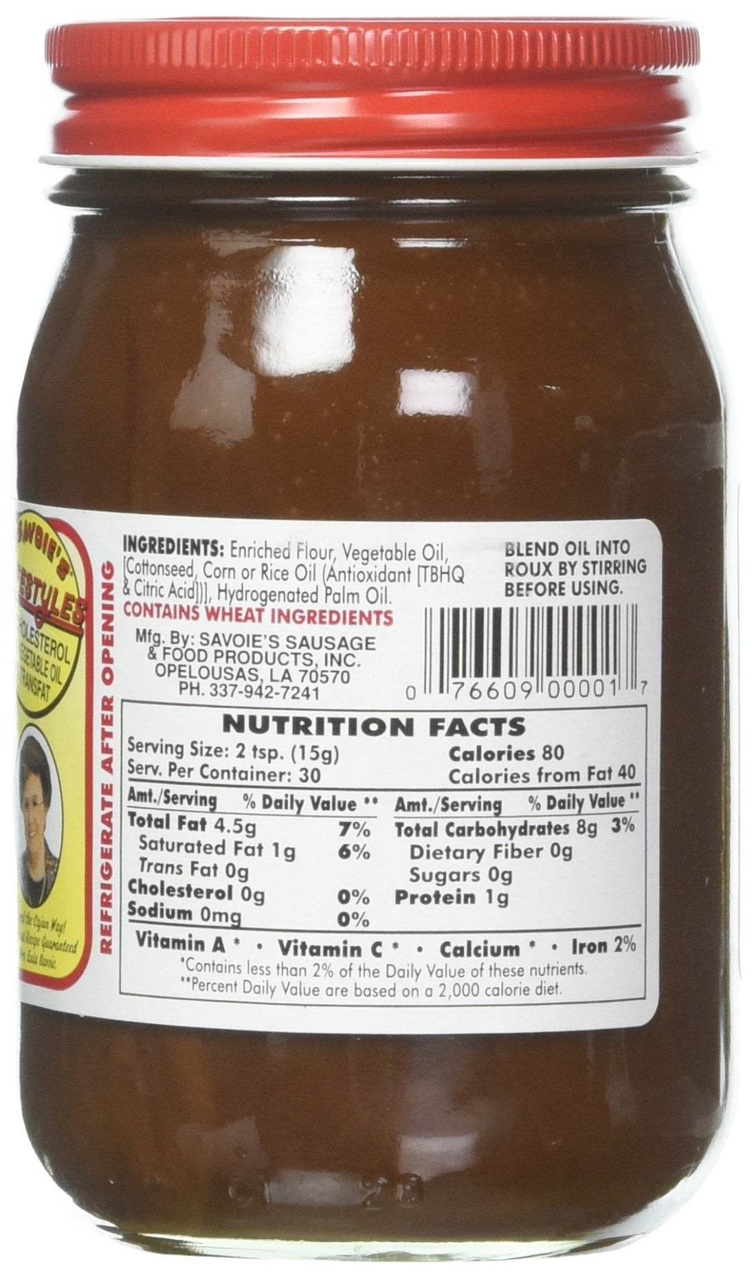 SAVOIE'S Old Fashioned Dark Roux close-up highlights 100% vegetable oil for cholesterol-free cooking.