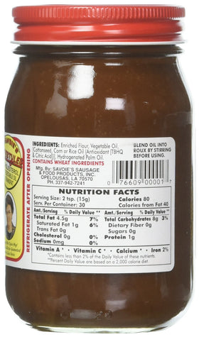 SAVOIE'S Old Fashioned Dark Roux close-up highlights 100% vegetable oil for cholesterol-free cooking.